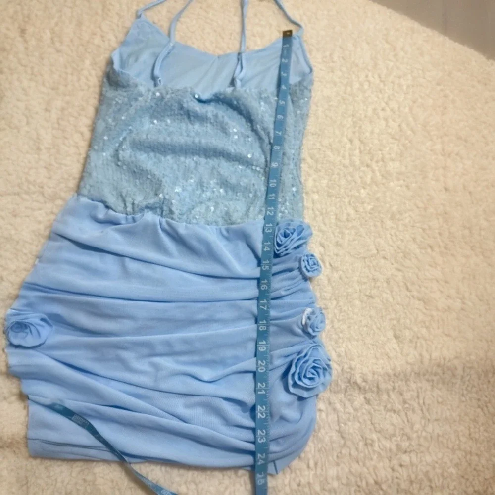 Powder Blue Sequin Rosette Cocktail Dress NWT Ruched Draped‎ Size 4